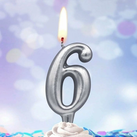 Свеча Цифра Серебряная "6",7см. 1шт.